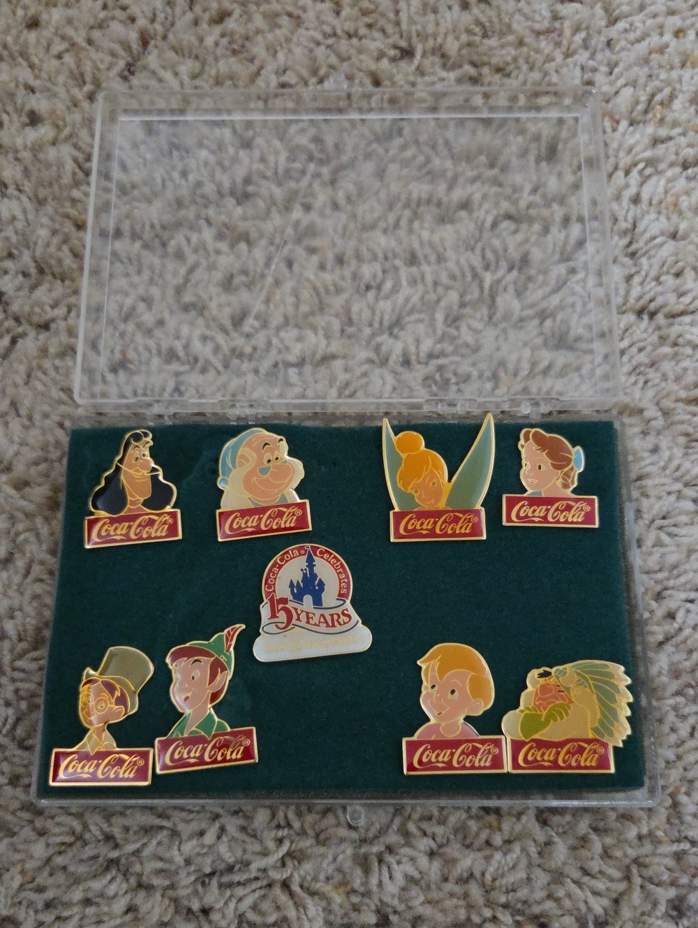 Coca Cola Multicolor Enamel Character Pin Collection - Red, Yellow, Green, Blue